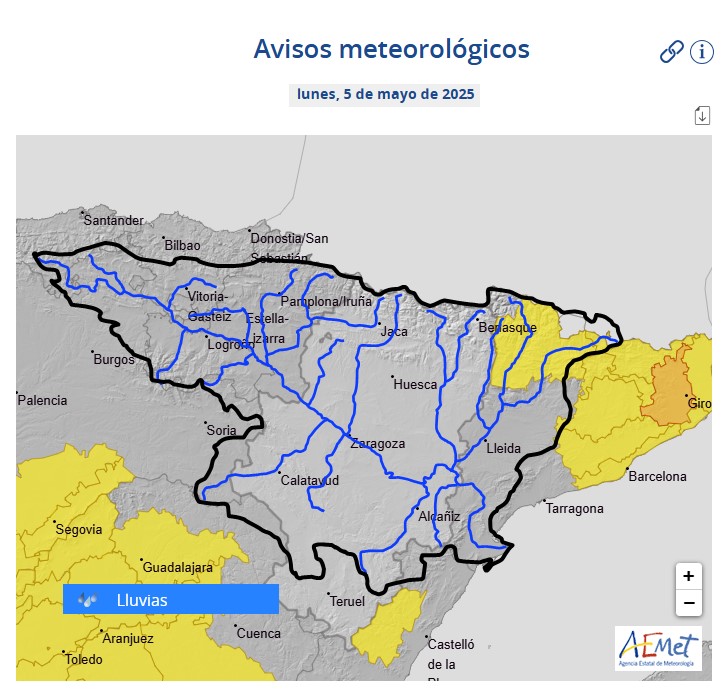 Como consecuencia de los avisos de la AEMET de lluvias intensas de hasta 15 l/m2 en 1 hora, la CHE advierte de la posibilidad de crecidas repentinas en barrancos y pequeños afluentes en la provincia de Lleida