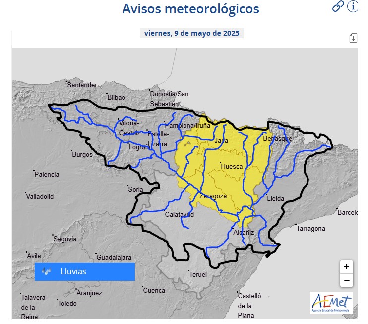 Como consecuencia de los avisos de la AEMET de lluvias intensas de al menos 15 l/m2 en 1 hora, la CHE advierte de la posibilidad de crecidas súbitas importantes en el norte de Aragón Como consecuencia de los avisos de la AEMET de lluvias intensas de al menos 15 l/m2 en 1 hora, la CHE advierte de la posibilidad de crecidas súbitas importantes en el norte de Aragón